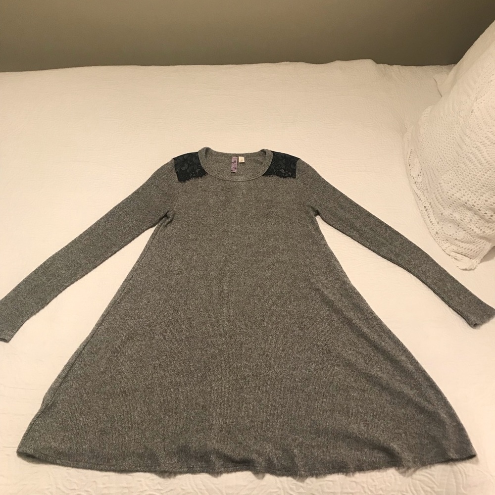Gray sweater dress with black lace shoulder detail